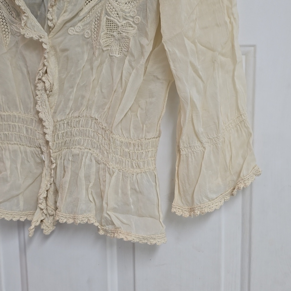 Johnny Was Cream Ivory 3/4 Sleeve Cupra Rayon Boho Embroidered Top  - Picture 4 of 10